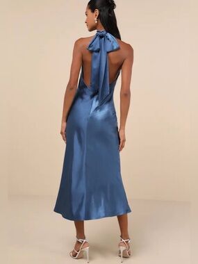 NWT Lulus Exceptional Status Blue Satin Halter Satin Backless Midi Dress Large